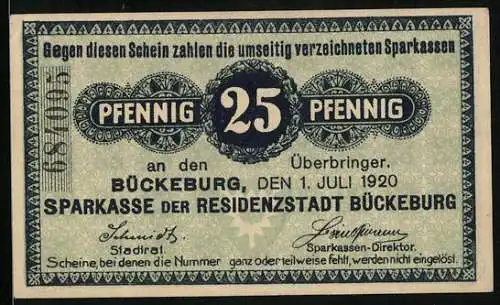 Notgeld Bückeburg 1920, 25 Pfennig, Kontroll-Nr. 684095