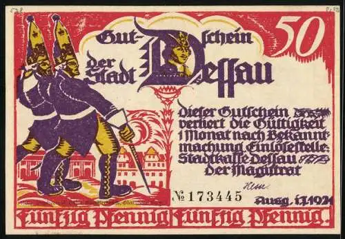 Notgeld Dessau 1921, 50 Pfennig, Reiter auf dem Topfmarkt