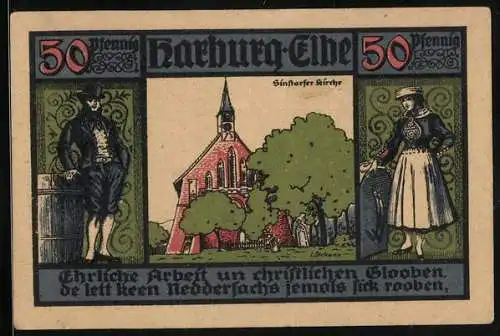 Notgeld Harburg /Elbe 1921, 50 Pfennig, Sinstorfer Kirche, Mann und Frau in Tracht