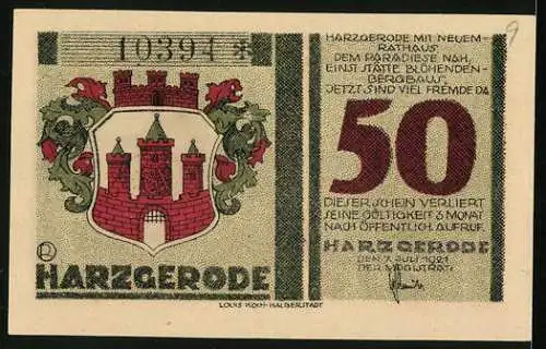 Notgeld Harzgerode 1921, 50 Pfennig, Das Rathaus