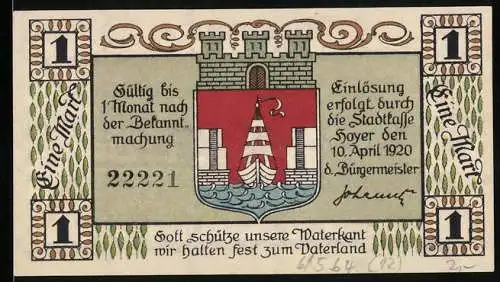Notgeld Hoyer 1920, 1 Mark, Ortsansicht mit der Windmühle
