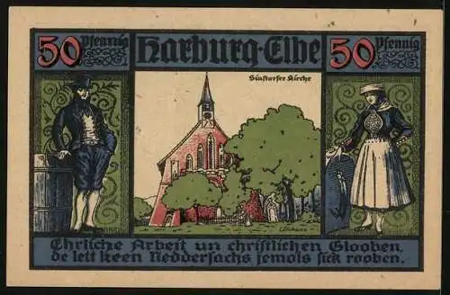 Notgeld Harburg /Elbe 1921, 50 Pfennig, Die Sinstorfer Kirche, Mann und Frau in Tracht