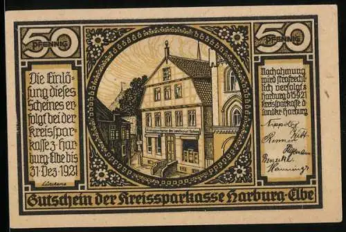 Notgeld Harburg /Elbe 1921, 50 Pfennig, Die Sinstorfer Kirche, Mann und Frau in Tracht