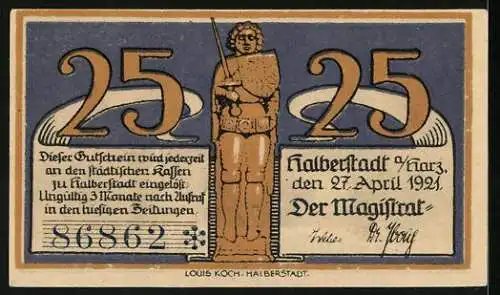 Notgeld Halberstadt a. Harz 1921, 25 Pfennig, Buko von Halberstadt, Bischof