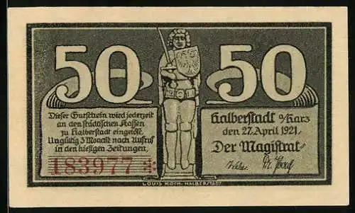 Notgeld Halberstadt a. Harz 1921, 50 Pfennig, Bischof Buko von Halberstadt