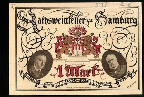 Notgeld Hamburg 1921, 1 Mark, Rathsweinkeller und seine Gründer