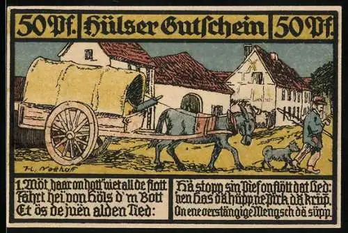 Notgeld Hüls bei Crefeld 1921, 50 Pfennig, Eselswagen, Ortsansicht