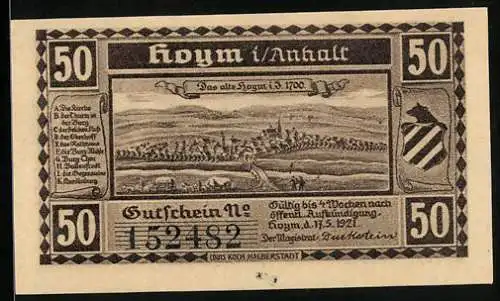 Notgeld Hoym i. Anhalt 1921, 50 Pfennig, Ortsansicht um 1700