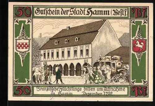 Notgeld Hamm /Westf. 1921, 50 Pfennig, Französische Flüchtlinge bitten um Aufnahme 1722