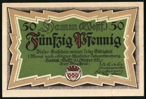 Notgeld Hamm /Westf. 1921, 50 Pfennig, Französische Flüchtlinge bitten um Aufnahme 1722