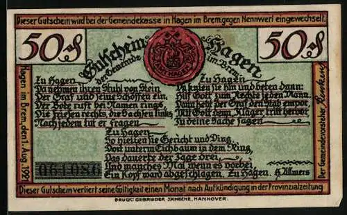 Notgeld Hagen i. Brem. 1921, 50 Pfennig, Bauerngericht unter der Stal-Eke