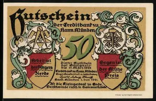 Notgeld Hann. Münden 1921, 50 Pfennig, Werra und Fulda treffen sich
