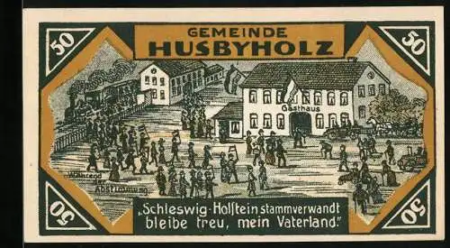 Notgeld Husbyholz 1921, 50 Pfennig, Abstimmung im Gasthaus, Bismarckdenkmal