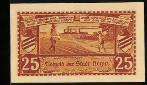 Notgeld Hoym 1921, 25 Pfennig, Bauern bei der Aussaat, Industriearbeiter auf dem Weg zur Arbeit