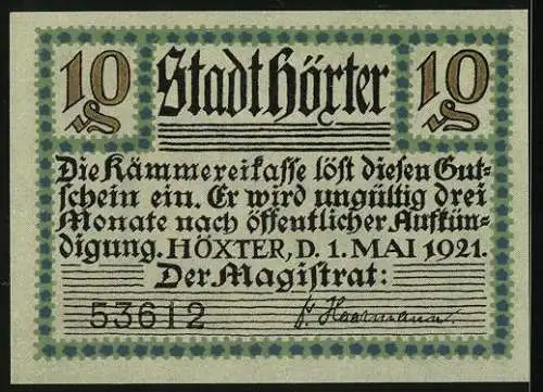 Notgeld Höxter a. d. W. 1921, 10 Pfennig, Das Rathaus