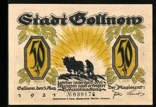 Notgeld Gollnow 1921, 50 Pfennig, Anne Susanne-Spruch