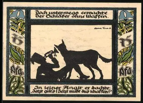 Notgeld Gollnow 1921, 75 Pfennig, Mann mit Trompete und ein Wolf