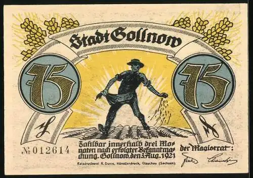 Notgeld Gollnow 1921, 75 Pfennig, Mann mit Trompete und ein Wolf