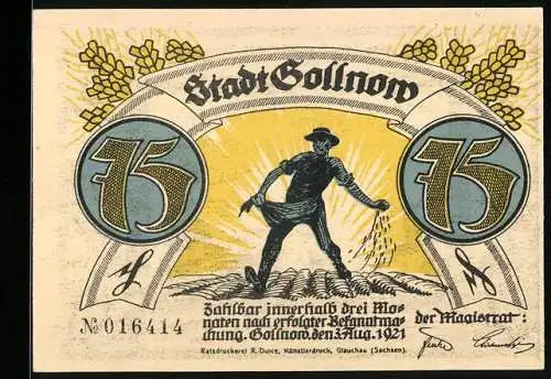 Notgeld Gollnow 1921, 75 Pfennig, Der Wolf flieht