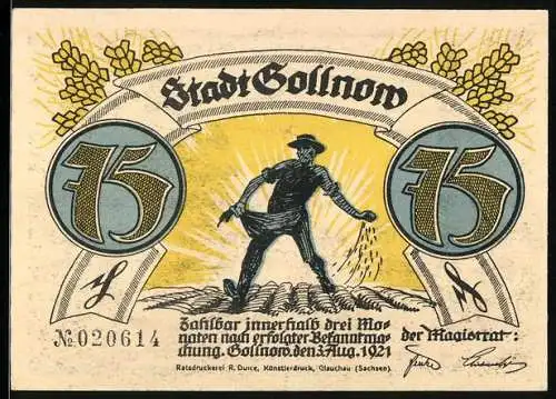 Notgeld Gollnow 1921, 75 Pfennig, Der Husar mit der Trompete
