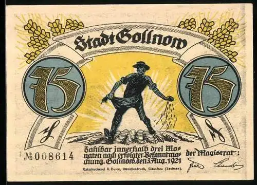 Notgeld Gollnow 1921, 75 Pfennig, Der Wolf packt den Husaren