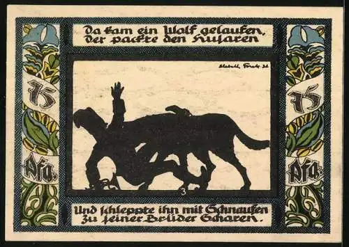 Notgeld Gollnow 1921, 75 Pfennig, Der Wolf packt den Husaren