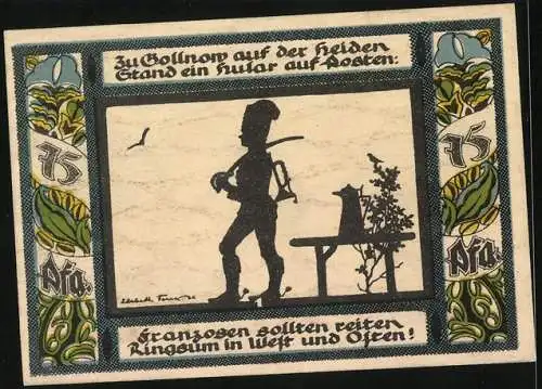 Notgeld Gollnow 1921, 75 Pfennig, Der Husar auf seinem Posten