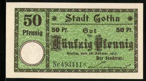 Notgeld Gotha 1917, 50 Pfennig, Wappen mit dem Bischof