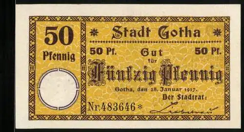 Notgeld Gotha 1917, 50 Pfennig, Bischof auf dem Wappen