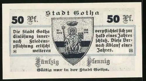 Notgeld Gotha 1917, 50 Pfennig, Der Bischof auf dem Wappen