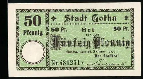 Notgeld Gotha 1917, 50 Pfennig, Der Bischof auf dem Stadtwappen