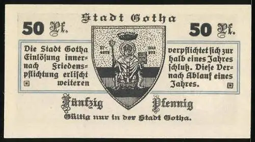 Notgeld Gotha 1917, 50 Pfennig, Bischof auf dem Stadtwappen