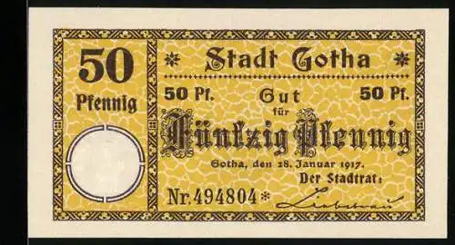 Notgeld Gotha 1917, 50 Pfennig, Stadtwappen mit dem Bischof