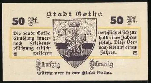 Notgeld Gotha 1917, 50 Pfennig, Stadtwappen mit dem Bischof