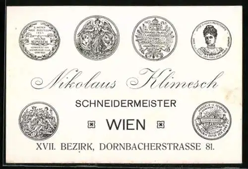 Vertreterkarte Wien, Schneidermeister Nikolaus Klimesch, Dornbacherstrasse 81, Wappen und Medaillen
