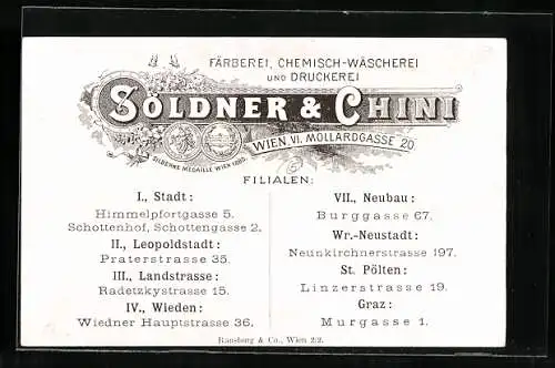 Vertreterkarte Wien, Söldner & Chini, Färberei, Chemisch-Wäscherei und Druckerei, Mollardsgasse 20