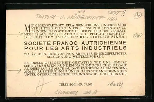 Vertreterkarte Wien, Societe Franco-Autrichienne pour les Arts Industriels, Blick in den Saal