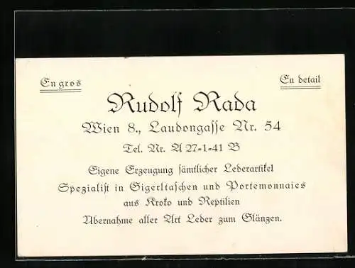 Vertreterkarte Wien, Rudolf Rada, Taschenwaren-Erzeugnisse, Laudongasse 54