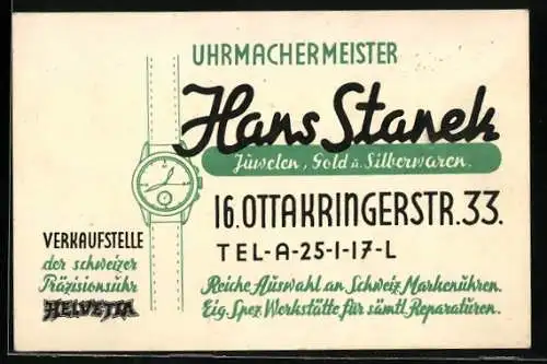 Vertreterkarte Wien, Uhrmachermeister Hans Tanek, Ottakringerstr. 33