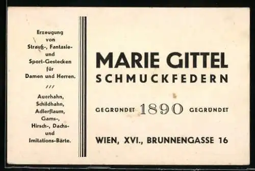 Vertreterkarte Wien, Marie Gittel, Schmuckfedern, Brunnengasse 16