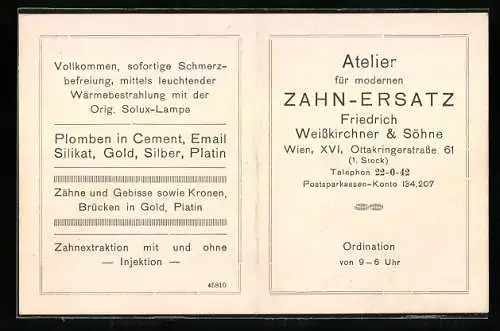Vertreterkarte Wien, Atelier für moderenen Zahn-Ersatz, Friedrich Weisskirchner & Söhne, Ottakringerstr. 61