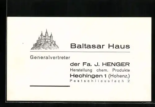 Vertreterkarte Hechingen, Baltasar Haus, Firma J. Henger, Herstellung chem. Produkte