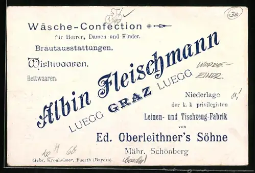Vertreterkarte Graz, Wäsche-Confection, Albin Fleischmann, Rückseite Lithographie Schloss Chillon
