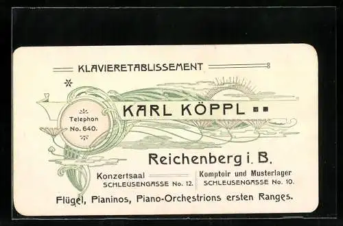 Vertreterkarte Reichenberg i. B., Klavieretablissement Karl Köppl, Schleusengasse 10