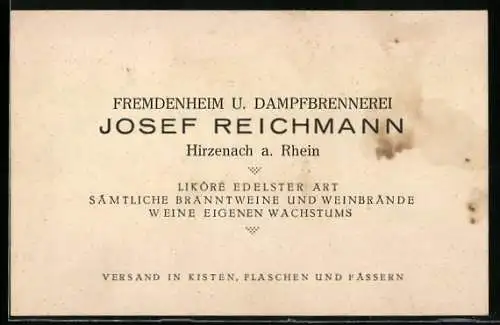Vertreterkarte Hirzenach a. Rhein, Fremdenheim u. Dampfbrennerei Josef Reichmann