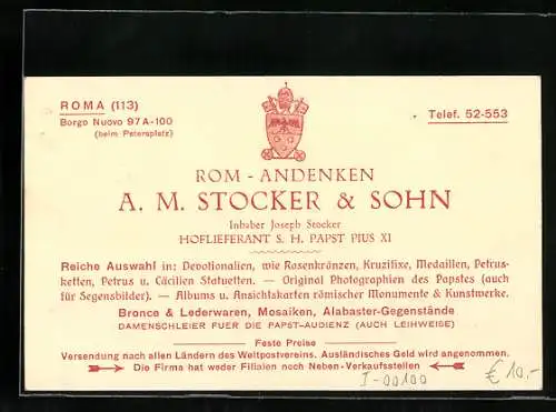 Vertreterkarte Rom, A. M. Stocker & Sohn, Hoflieferant S. H. Papst Pius XI, Andenken und Devotionalien Handlung