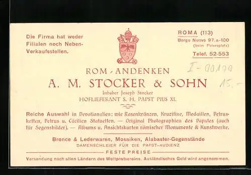 Vertreterkarte Rom, Andenkenhandlung A. M. Stocker & Sohn, Borgo Nuovo 97 /100, Hoflieferant S. H. Papst Pius XI.