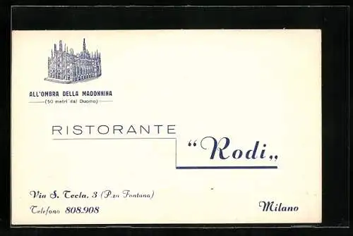 Vertreterkarte Milano, Ristorante Rodi Via S. Tecla 3
