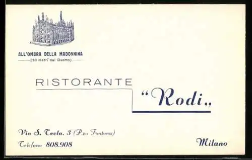 Vertreterkarte Milano, Ristorante Rodi Via S. Tecla 3