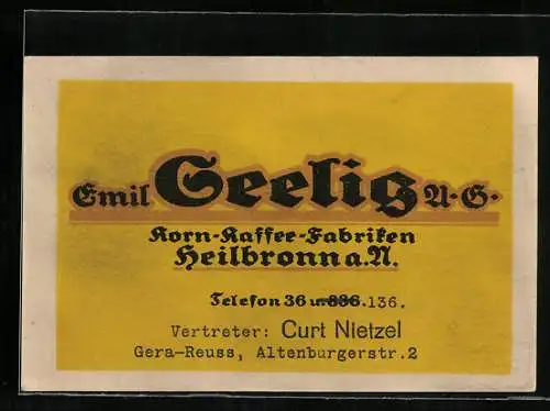Vertreterkarte Heilbronn a. N., Emil Seelig A.G., Korn-Kaffee-Fabriken, Vertreter Curt Nietzel